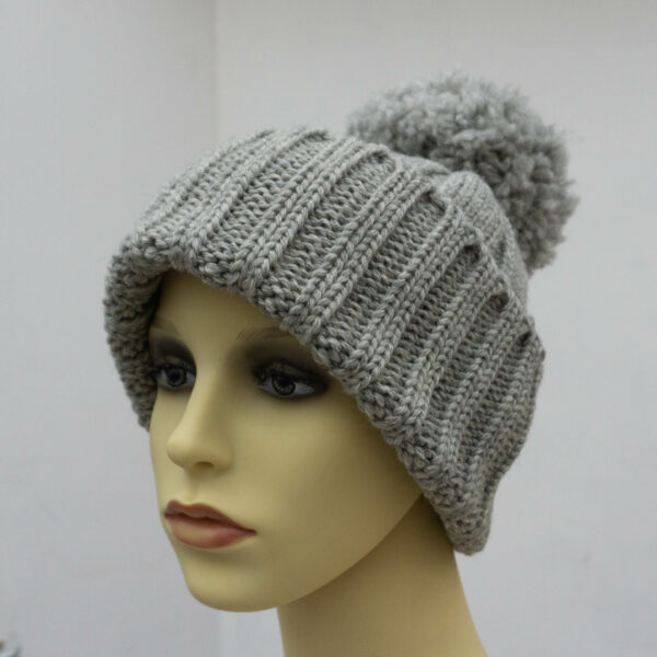 Grey Ladies Pom Pom Hat in Merino Wool